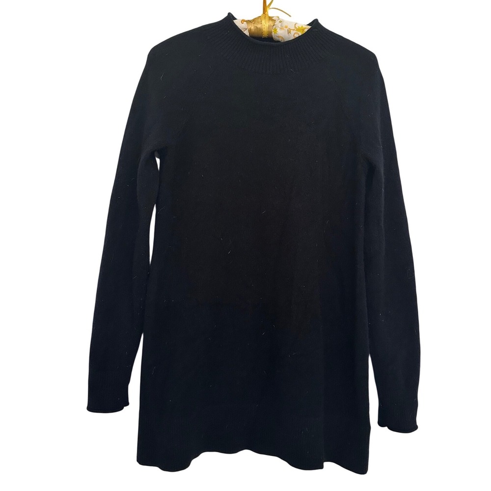 Lands End Womens XS 100%‎ Cashmere Mock Neck Tunic Sweater Black Quiet Luxury